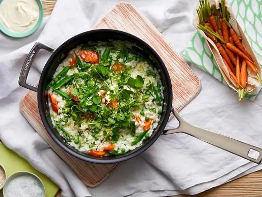 Risotto primavera de espelta verde